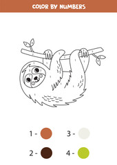 Fototapeta premium Color cartoon sloth by numbers. Worksheet for kids.