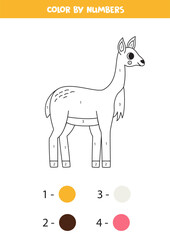 Color cartoon vicuna by numbers. Worksheet for kids.