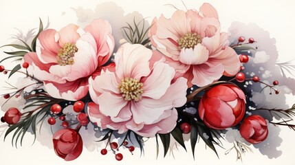  a painting of a bouquet of flowers with berries and leaves on a white background with a spray of watercolor on the bottom of the image and bottom half of the image.