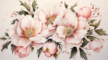  a painting of a bouquet of pink flowers with green leaves and buds on a white background with watercolor splashes on the bottom half of the image and bottom half of the image. - obrazy, fototapety, plakaty