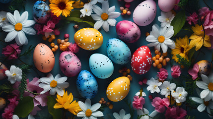 Colorful easter eggs and flowers on blue background, top view