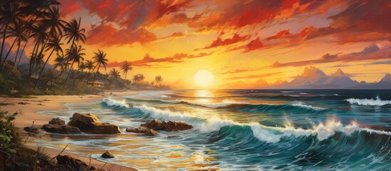 Naklejka premium In the summer, the nature lover traveled to a tropical beach, mesmerized by the stunning landscape of blue skies, crystal-clear waters, and vibrant red sunsets reflecting on the ocean waves.