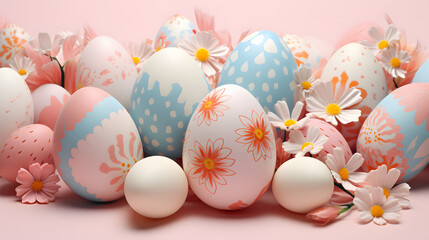 Fototapeta na wymiar Easter eggs with flowers on pink background. 3D illustration.