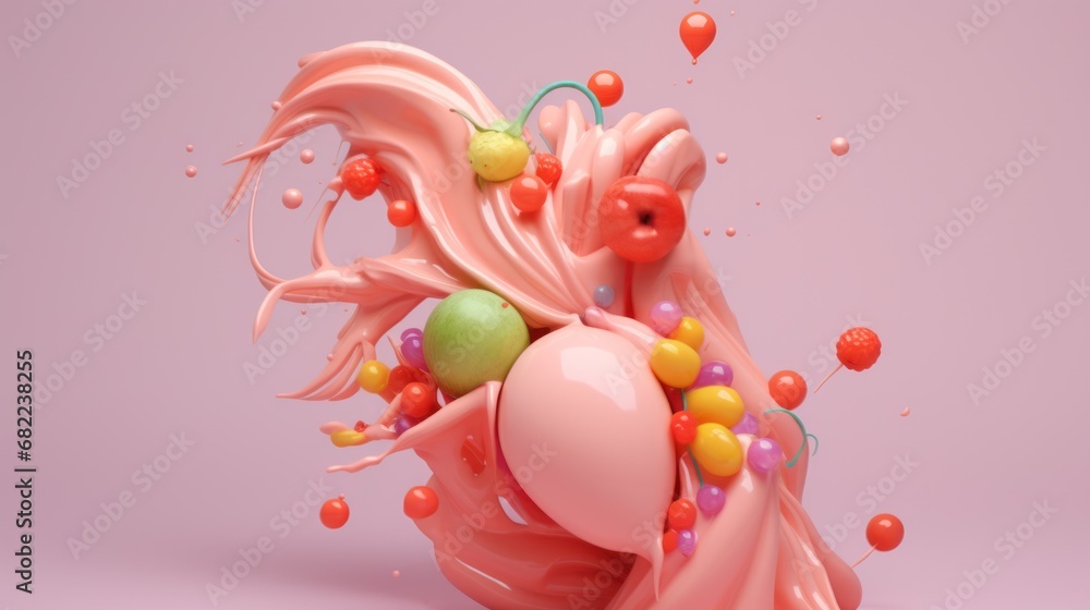 Poster a 3d rendering of a pink object with balloons and streamers coming out of it, on a pink background t