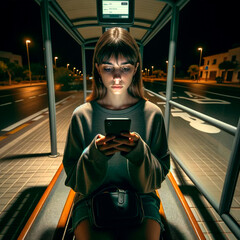 Chica por la noche usando su móvil en parada de transporte - obrazy, fototapety, plakaty