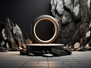 Black geometric Stone and Rock shape minimal podium background
