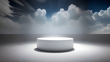 white round table with snow and clouds background, an ambient occlusion render, conceptual art, rectangle white porcelain table, boiling imagination in a bowl, volumetric light clouds. Generative Ai