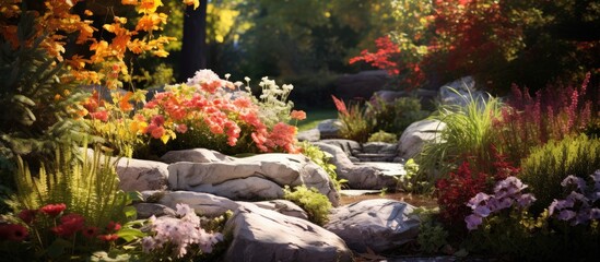 background, the summer sun casts a warm glow on the vibrant garden filled with colorful flowers, lush green plants, and delicate rose petals, while the texture of the leaves and the gentle breeze