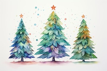 Watercolor Christmas trees with festive stars and snow illustration. Whimsical watercolor painting of Christmas trees in a festive holiday setting.