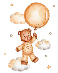 Cute teddy bear flies with beige balloon; watercolor hand drawn illustration