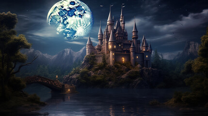 Enchanting magical fantasy fairytale castle on the island against the backdrop of a huge moon