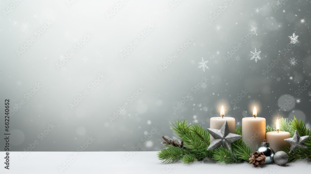 Poster a group of three lit candles sitting on top of a table next to a pine branch and a pine cone with sn