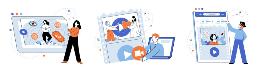 Video marketing vector illustration. Video marketing leverages power storytelling to connect with viewers on emotional level Information about target audience is crucial for creating personalized