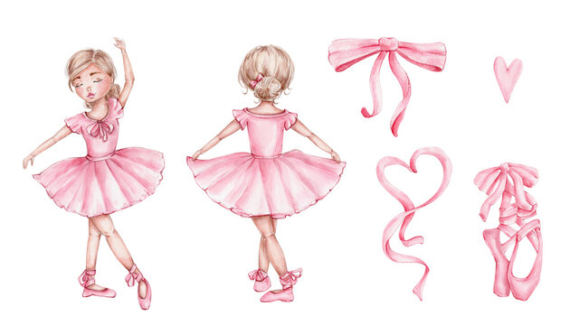 Pink collection with ballerinas, bow, ribbon, pointe shoes and heart; watercolor hand drawn illustration