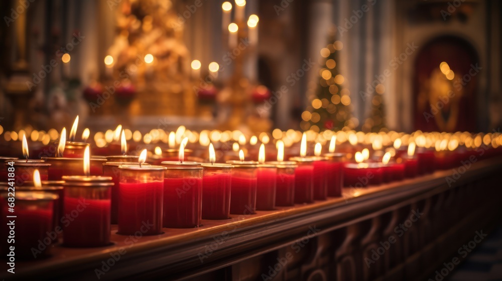 Poster a row of red candles sitting on top of a table in front of a church with a christmas tree in the bac