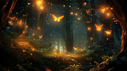 Flittering fireflies flying in the night Fantasy enchanted forest. Fairy tale concept