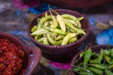 Chilies, Capsicum frutescens are eaten with fried tofu and tempeh or made into chili sauce as a complement to food