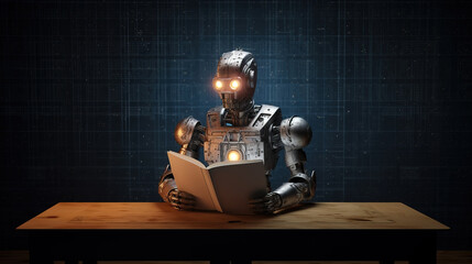 Artificial intelligence algorithm training or AI  system update with robot sitting at desk and reading an instruction manual - obrazy, fototapety, plakaty