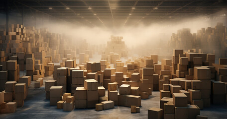 Warehouse full of parcels , distribution center  full of cardboard boxes