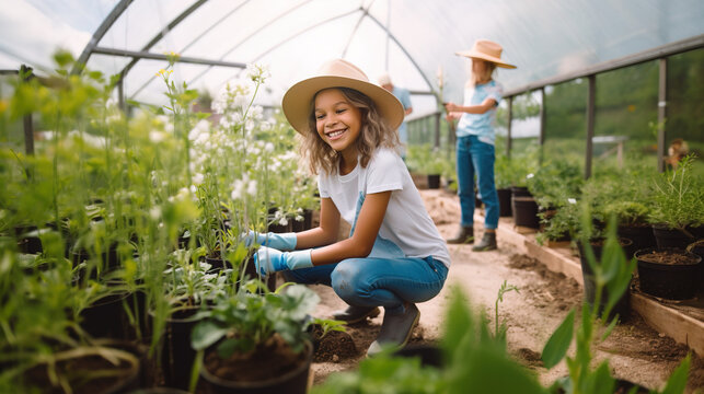 Young girl planting seedlings in greenhouse, greenhouse gardening concept
