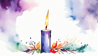 Beautiful christmasa advent candle painting with copy space in purple and green on white - obrazy, fototapety, plakaty