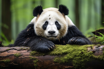 Giant panda lying on the log and looking at the camera