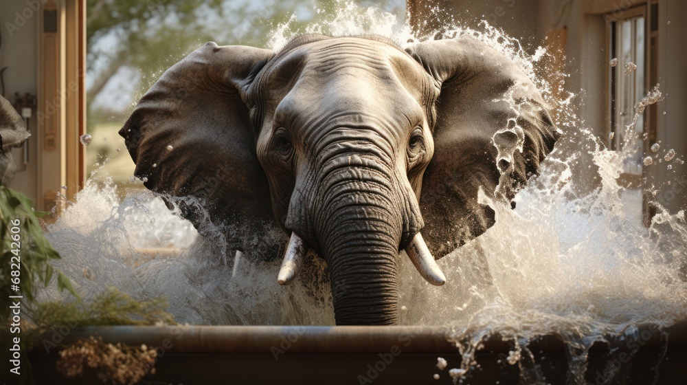 Poster an elephant standing in a pool of water with its trunk in the air and it's trunk in the air, with it