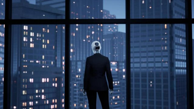 A robot humanoid staying in the empty office and looking out the window at the big city. future technology concept