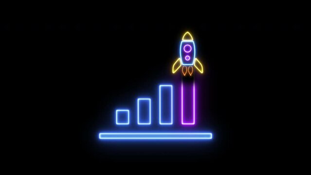 A neon illustration rocket take of with growth up neon cube blocks. The concept for launching and start up of achieve business. Able use graphic isolated on transparent background.