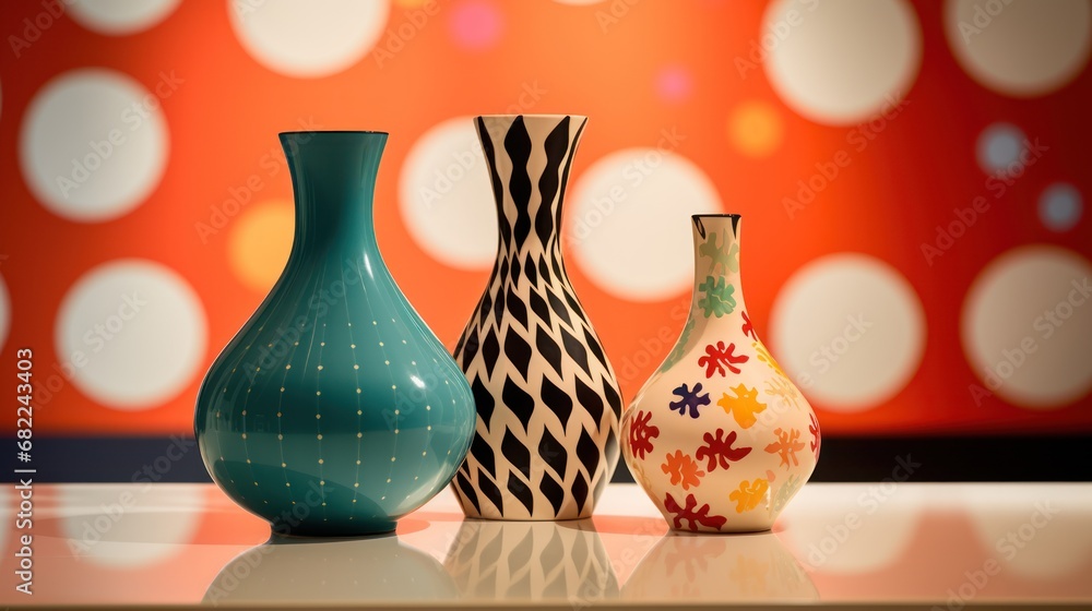 Poster a group of three vases sitting next to each other on top of a glass table in front of a wall with a 