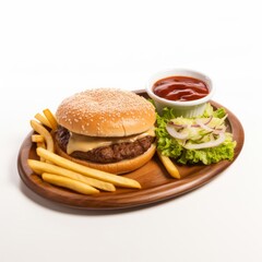 Delicious Classic American Meal: Hamburger and French Fries on a Plate