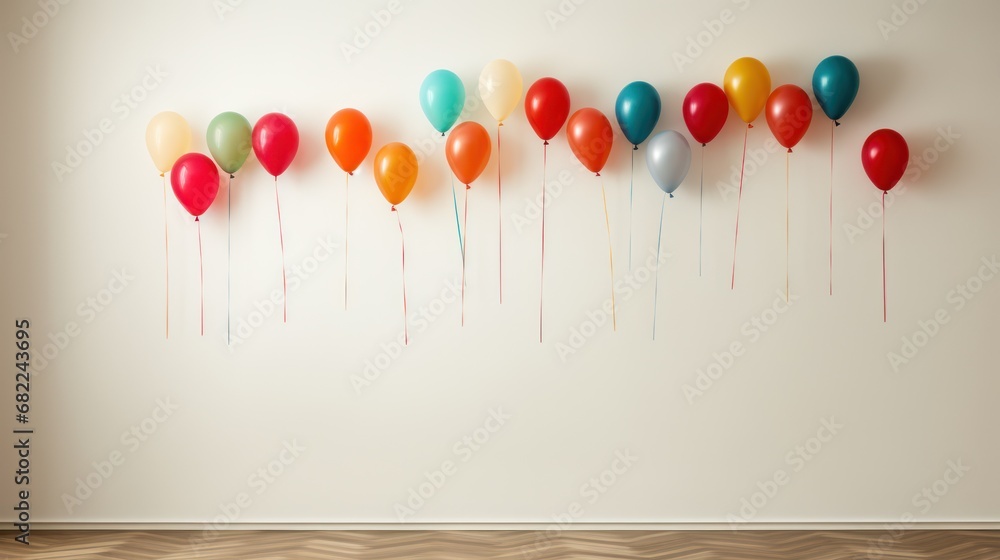 Poster a row of balloons on a wall with a wooden floor in front of a wall with a row of balloons on the wal