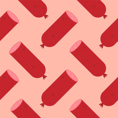 sausage seamless pattern. Background meat product raw smoked sausage stick and slices. Meat delicacy print, vector illustration 