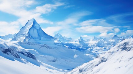  a mountain range covered in snow under a blue sky with puffy white clouds in the foreground and a blue sky with puffy white clouds in the background.
