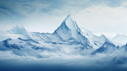 Fototapeta premium a very tall mountain covered in snow in the middle of a cloud filled sky with a plane flying over the top of the mountain in the foreground of the picture.