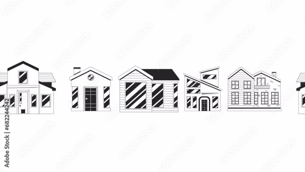 Poster home selection bw outline 2d object animation. apartment browsing. house hunting monochrome linear c