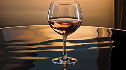  a glass of wine sitting on top of a table next to a bottle of wine and a glass of wine on top of a table with a reflection of water.