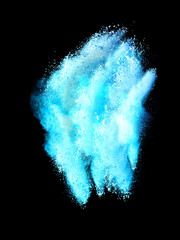 Dust motion of blue color powder explosive and splash isolated on black background