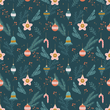 Christmas seamless pattern with tree decorations. Seasonal winter design. Cute vector illustration in flat cartoon style