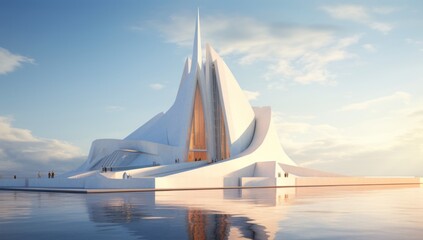 Obraz premium A Majestic White Building Reflecting on the Serene Waters