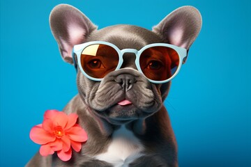 Grey French Bulldog puppy in pink sunglasses