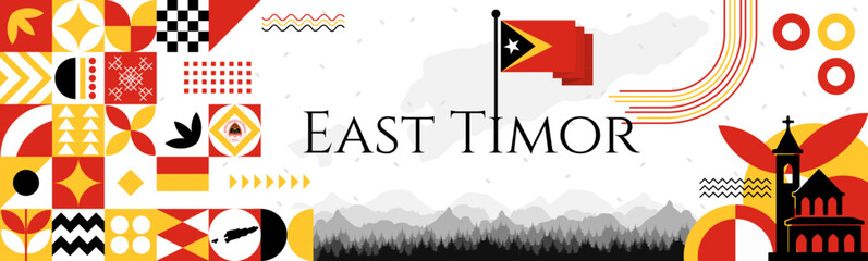 East Timor Proclamation of Independence Day banner with name and map. Flag color themed Geometric abstract retro modern Design. Red, black and yellow color vector illustration template graphic design.
