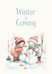Winter greeting card with kids making a snowman. Vector illustration.