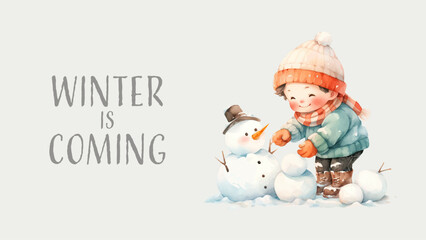 Winter greeting card with kids making a snowman. Vector illustration.