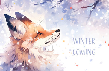 Digital painting of a fox in the winter forest with snowflakes