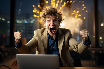 Happy Young Man Celebrating with Joy and Excitement After Winning a Prize on His Laptop