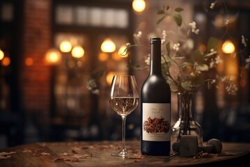 Bottle and glass of wine with restaurant on background. - obrazy, fototapety, plakaty