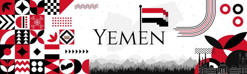 Yemen Independence Day banner with name and map. Flag color themed Geometric abstract retro modern Design. Red and black color vector illustration template graphic design.