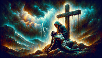 Eternal Agony at Golgotha: Sorrow of Mary at the foot of the cross Holding the Crucified Body of Jesus Christ