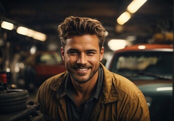 Men doing mechanic for car, wearing mechanic costume, car and mechanic tool on the background - Powered by Adobe